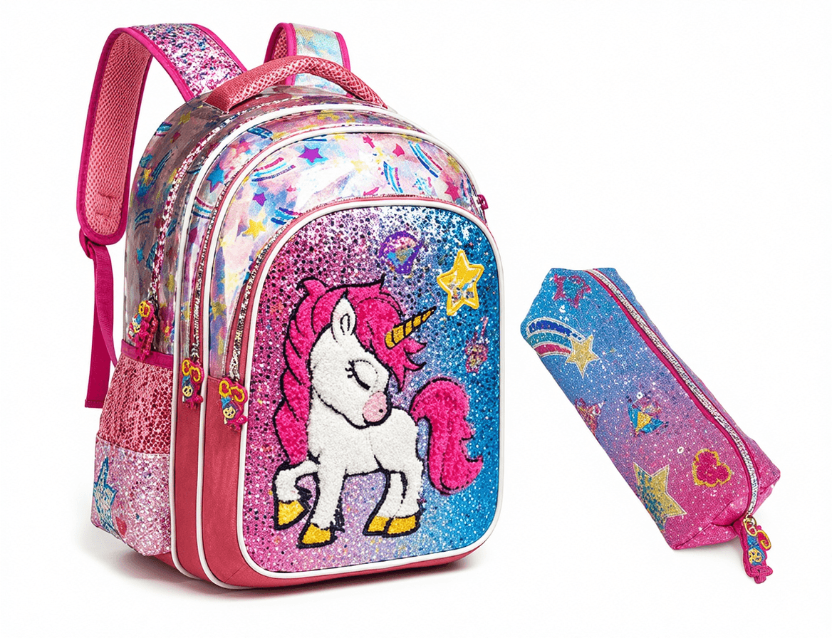17-Inch Unicorn Glitter Backpack with Pencil Case