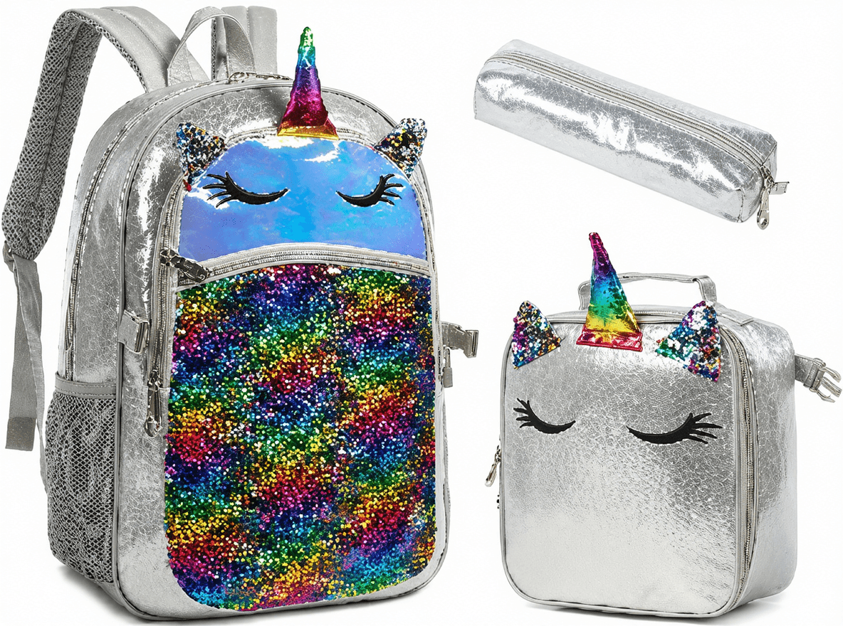Silver Unicorn Sequin Backpack 3-Piece Set